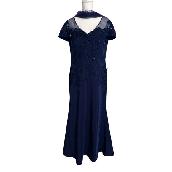 CARLA RUIZ Blue Mesh Floral Applique V neck Short Sleeve‎ Long Dress-Size 14 - Picture 3 of 12